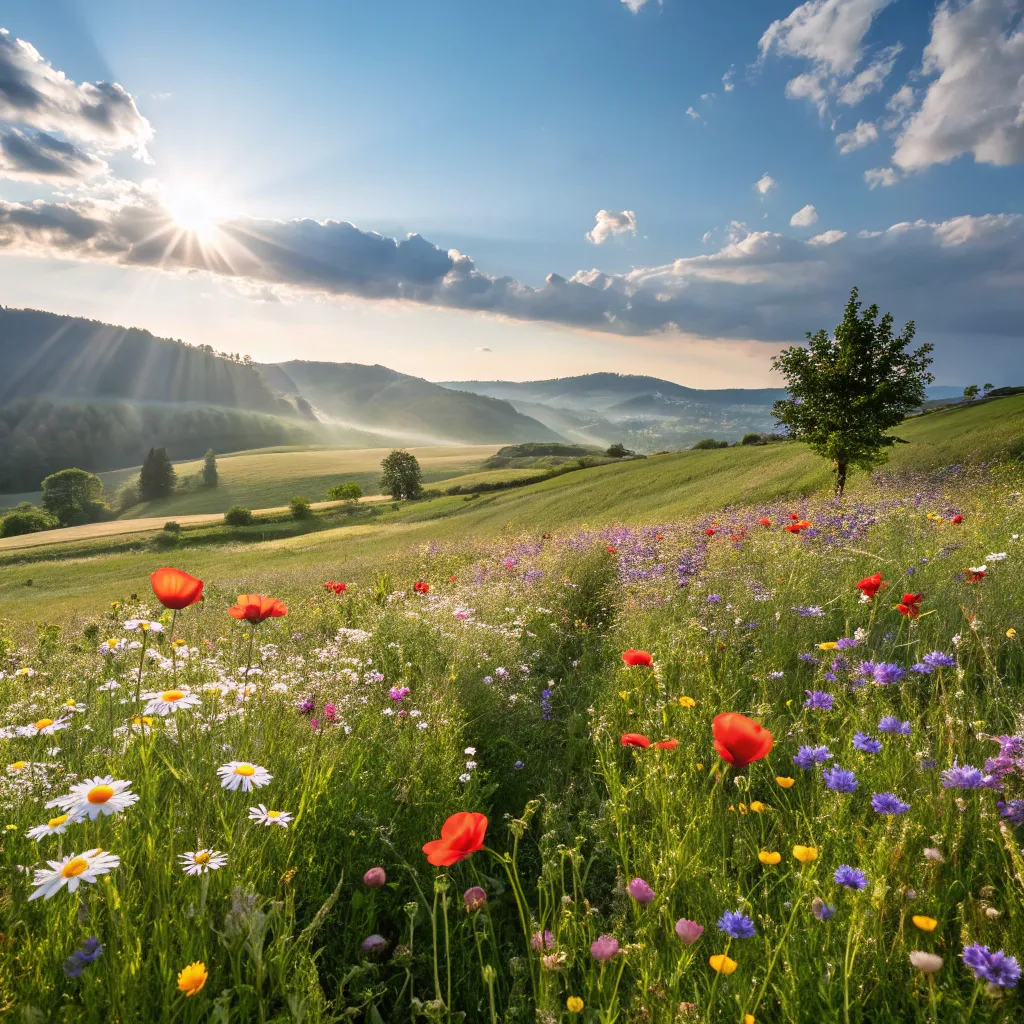 Sunlit meadow of wildflowers